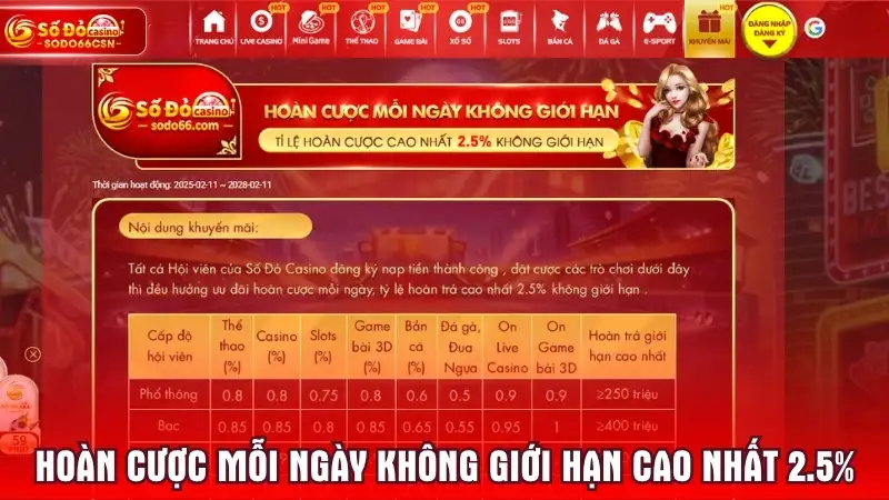 Hoàn cược mỗi ngày không giới hạn cao nhất 2.5%